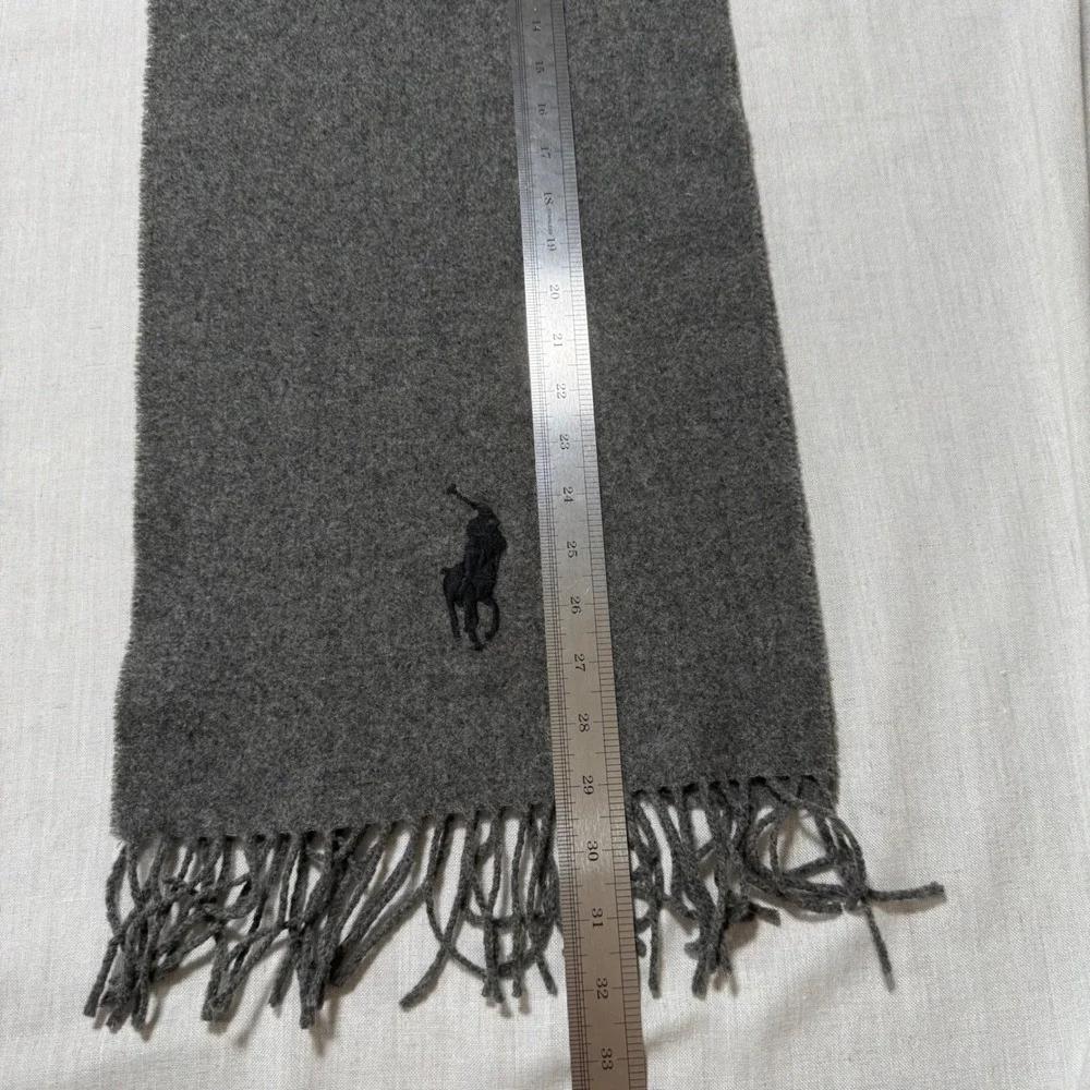 Polo Ralph Lauren Gray 100% Lambswool Scarf Made in Italy Fringe Pony Logo